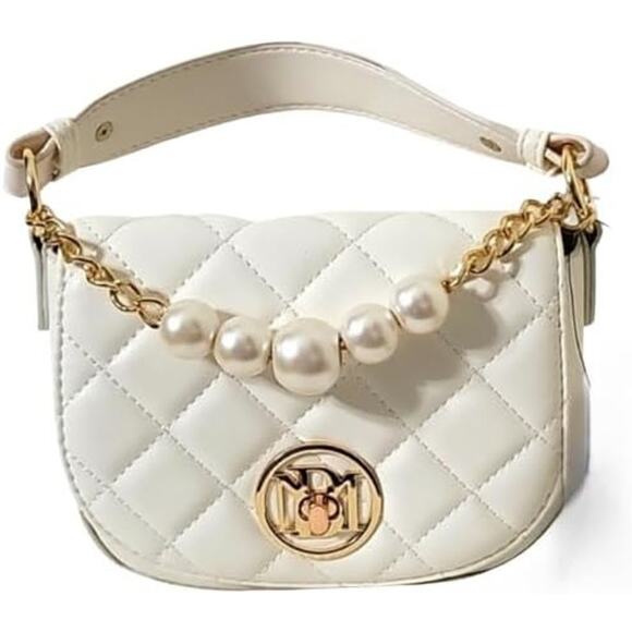 Badgley Mischka Mini Crossbody Quilted Pearl Chain Bag Vegan Leather Off White - Picture 1 of 14